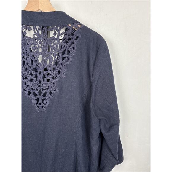 Susan Graver Linen Blend Blazer Jacket XL Navy Blue Crochet Detail Boho Classic - Picture 7 of 12